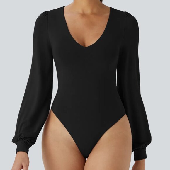 (NWT) Halara Women's V Neck Puff Sleeve Work Bodysuit Long Sleeve Black New - Picture 9 of 13
